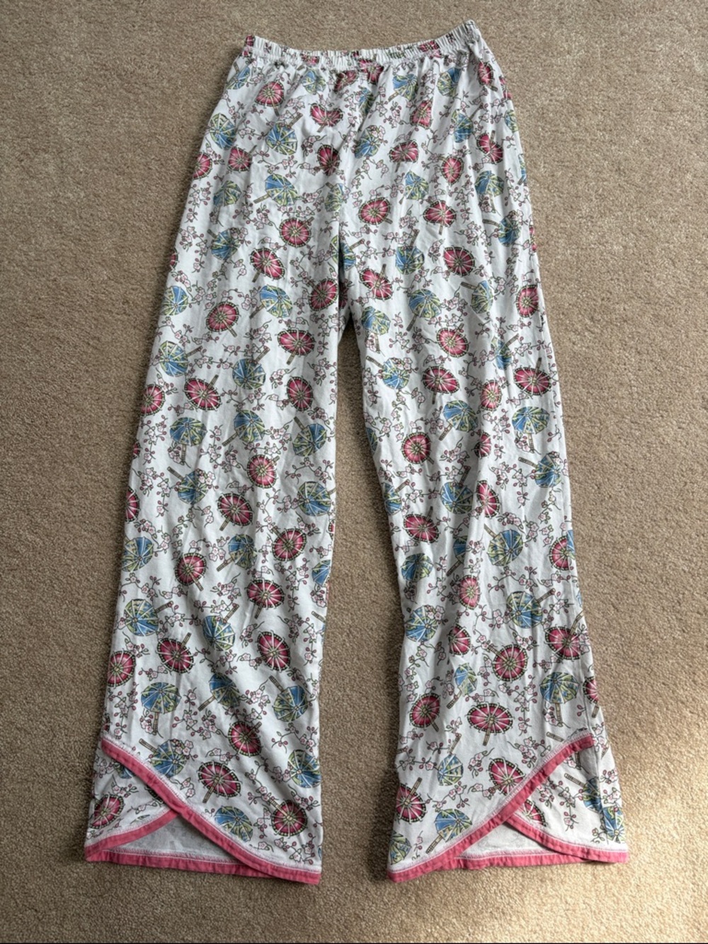 Women's White Floral Pajama Pants with Pink Trim